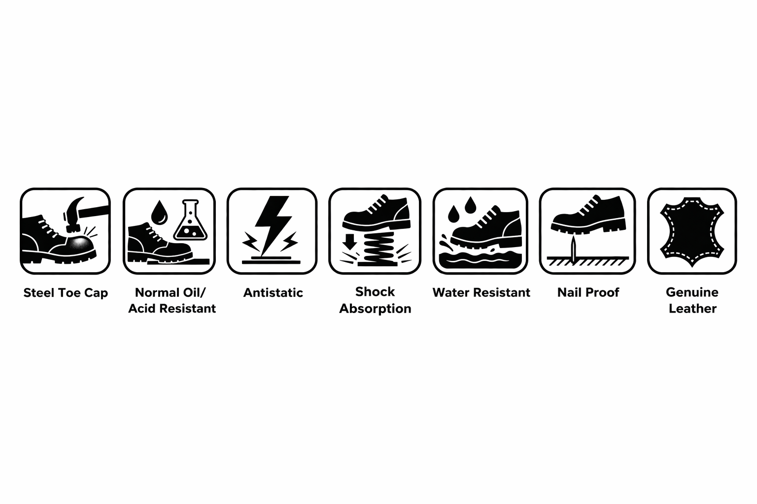 steel toe, acid resistant, antistatic, shock absorption, water resistant, nail proof, genuine leather